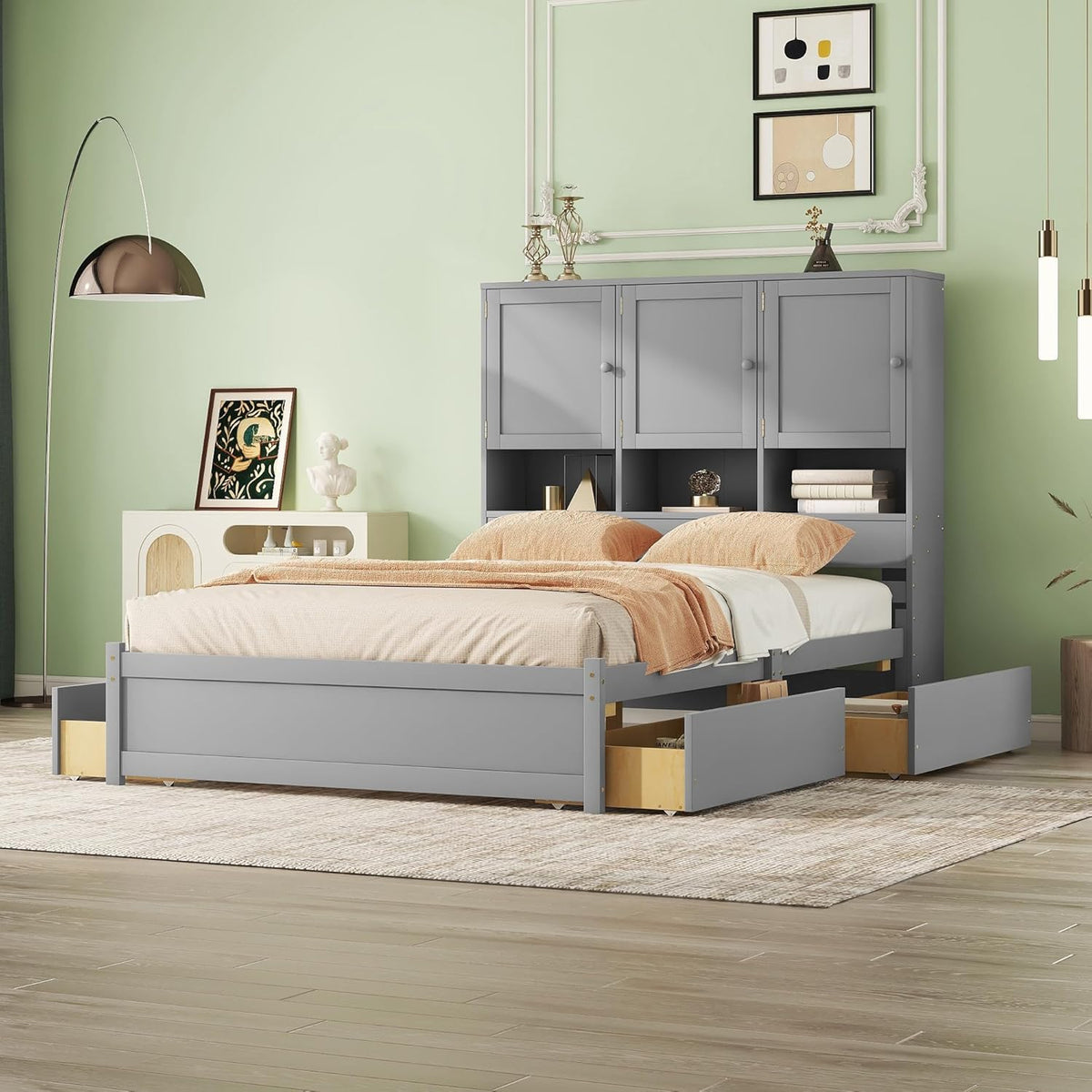 Gray Queen Size Wooden Platform Bedframe with Storage Headboard and 4 Drawers I3311