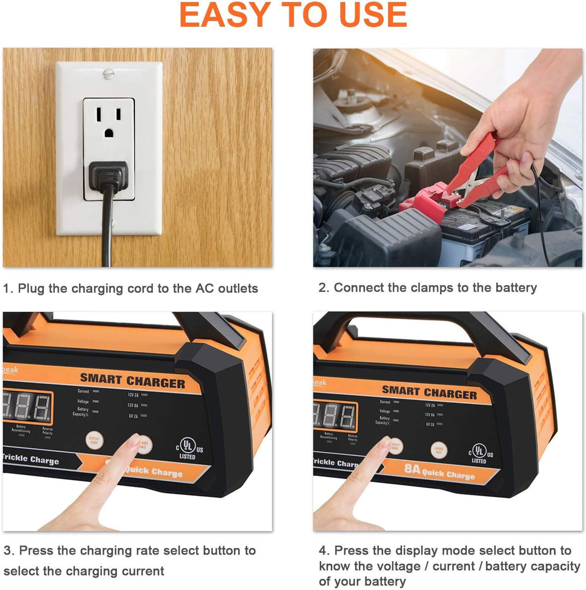6V 12V Smart Car Battery Charger and Maintainer 2A 8A with Cable Clamps L44341
