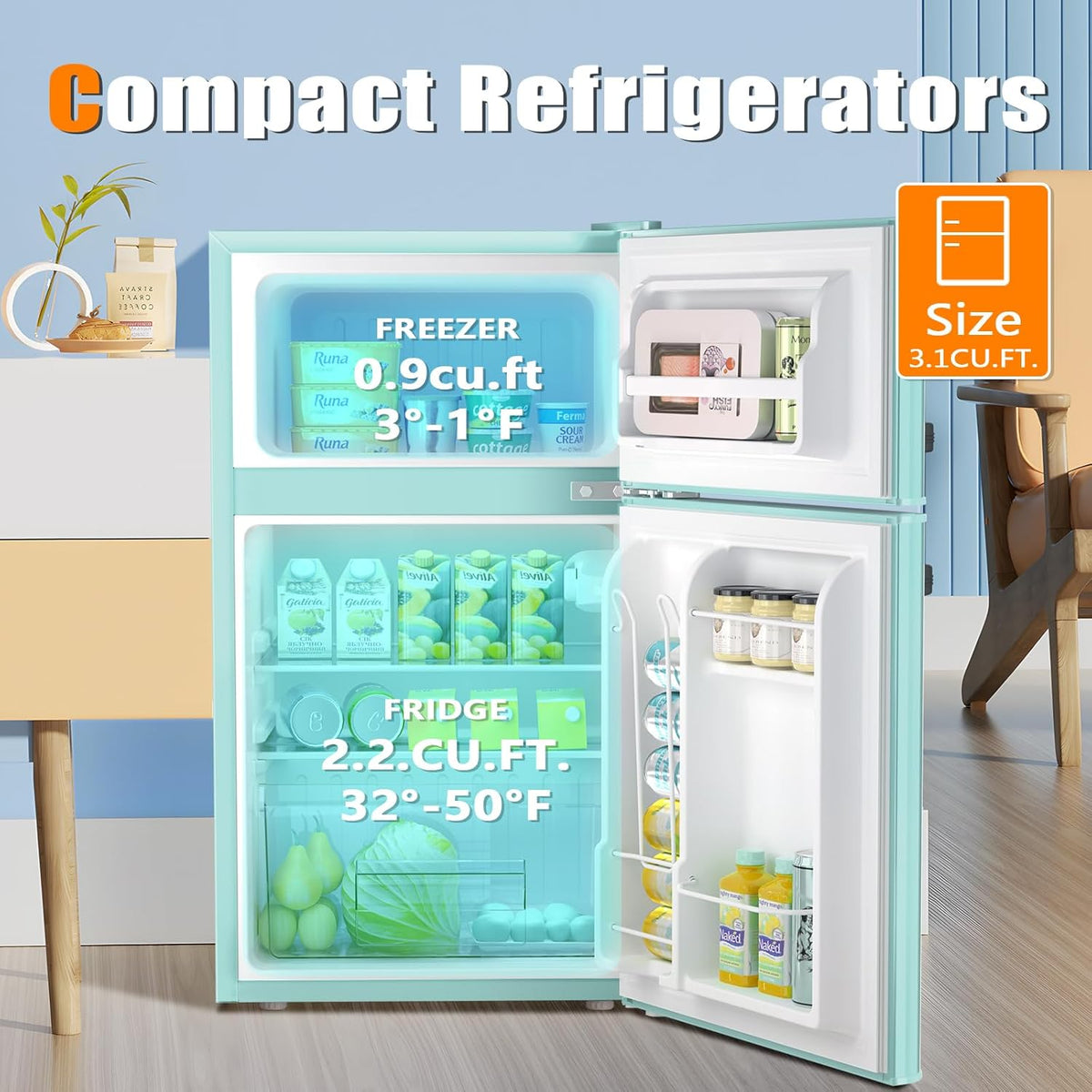 Compact Mini Refrigerator Separate Freezer, 3.2 cu ft. Green P710