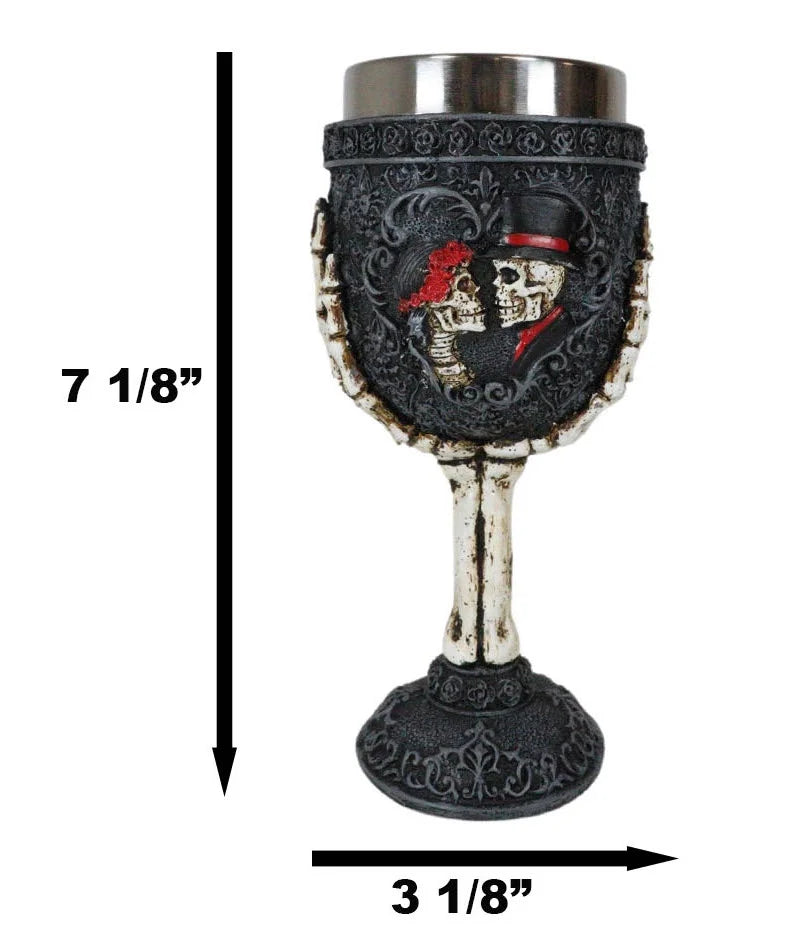 Gothic Day Of The Dead Skeleton Skull Bride And Groom Black Roses Wine Goblet I217