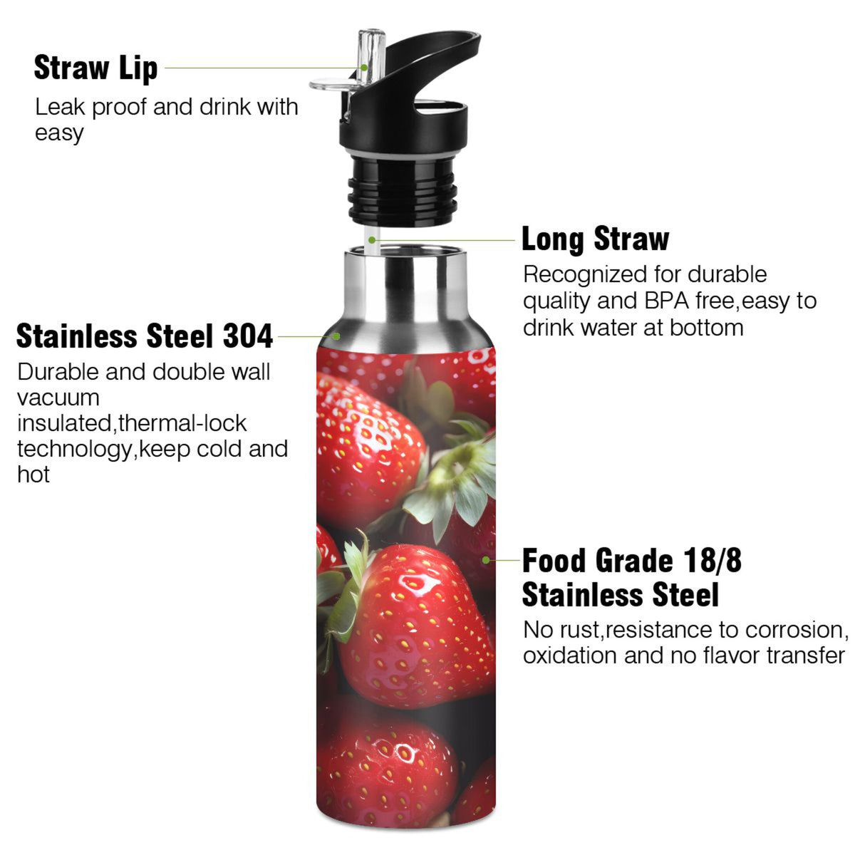 Strawberries Stainless Steel Insulated Water Bottle with Straw Lid X776