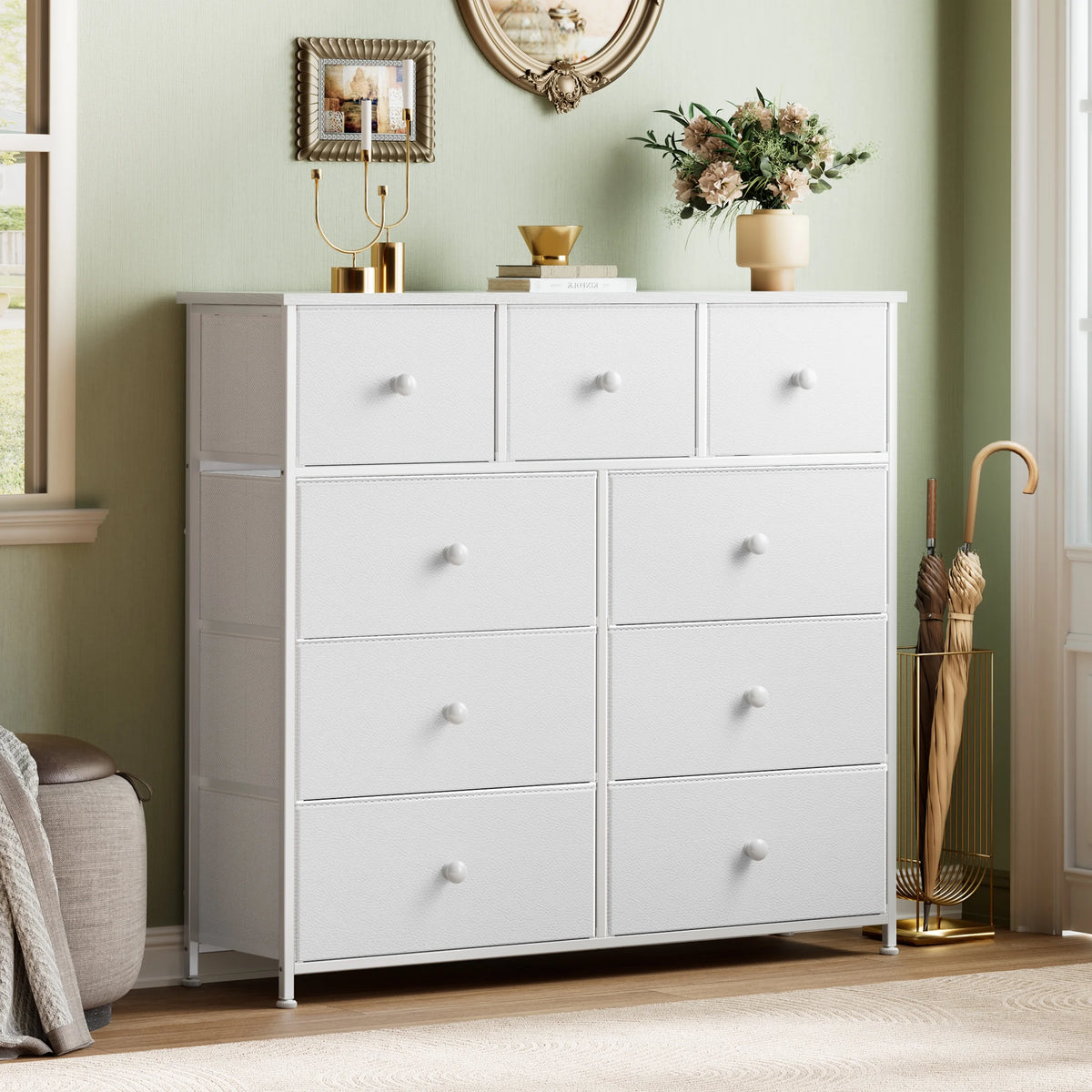 9 Drawer Fabric Dresser with Leather Finish K1279