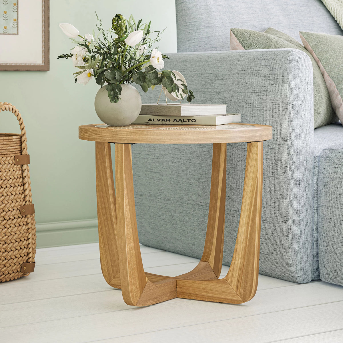 Rattan & Glass Side Table with Solid Wood Frame B33224