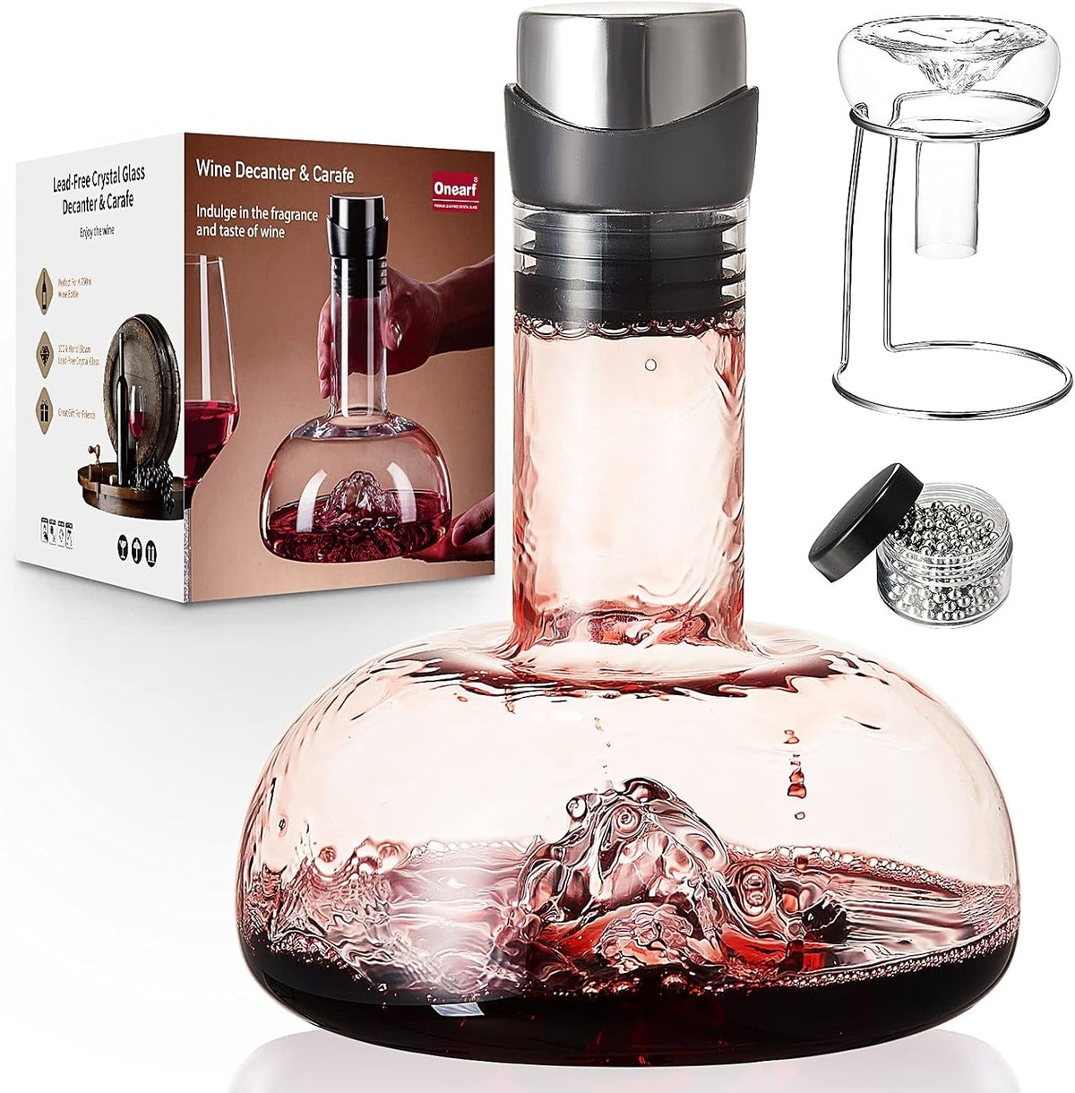 Wine Decanter Carafe with Aerator, Stand, and Cleaning Beads, Lead-free Crystal Glass, 1200ML, Pack of 2 W71260