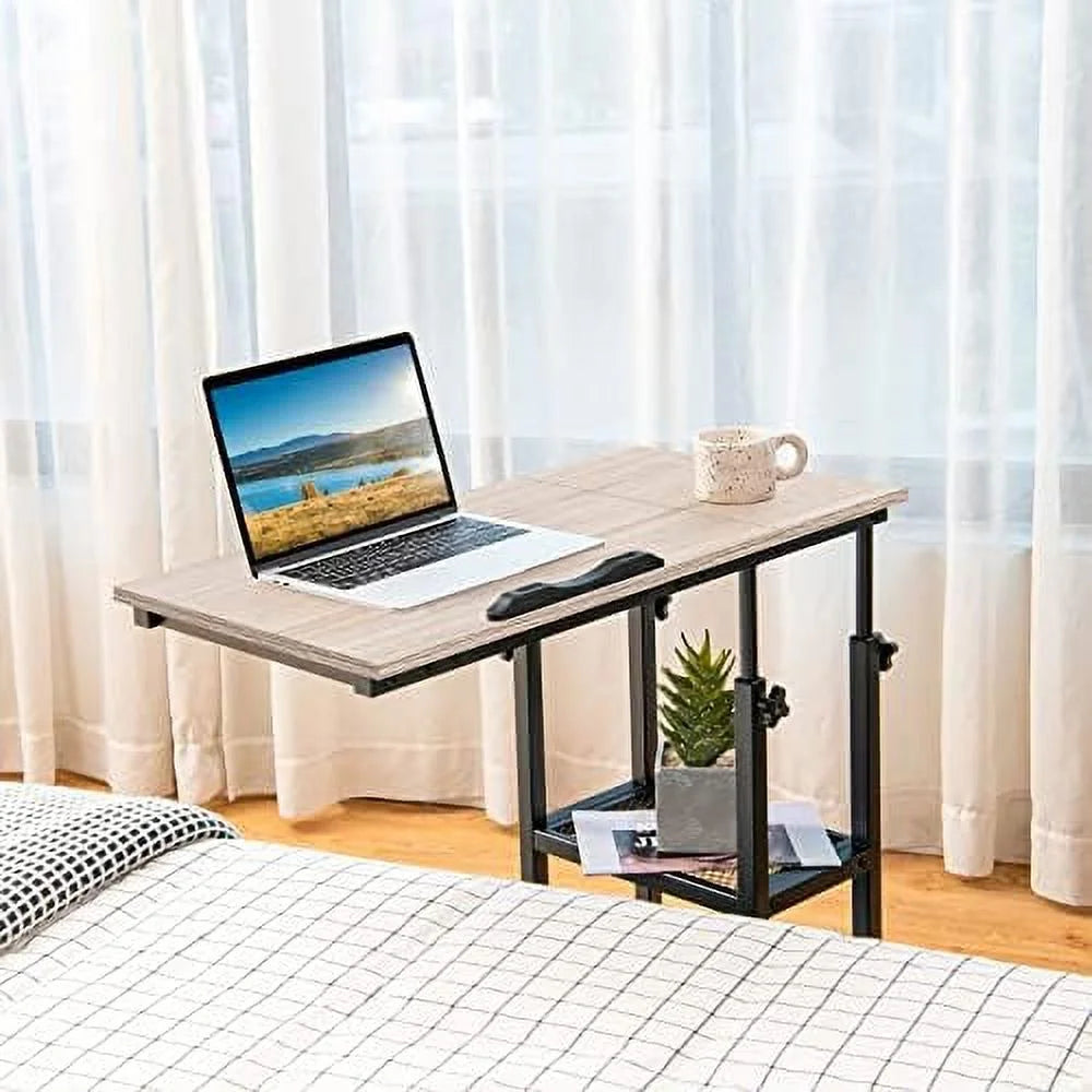 Height Adjustable C Shaped End Table with Wheels and Shelves P5454