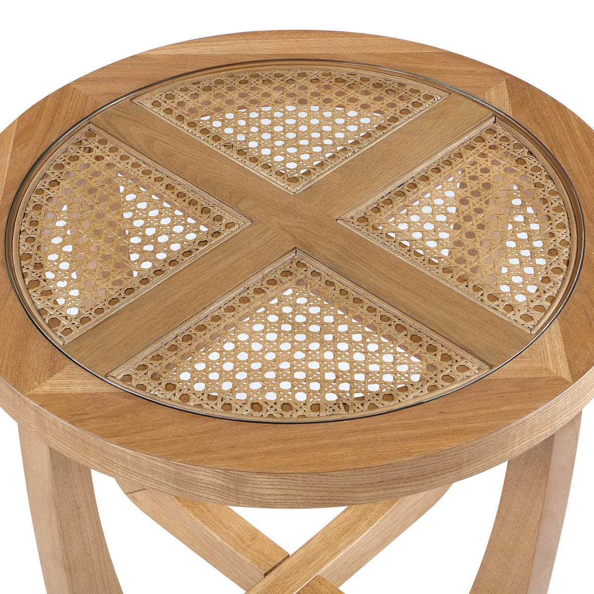 Rattan & Glass Side Table with Solid Wood Frame B33224