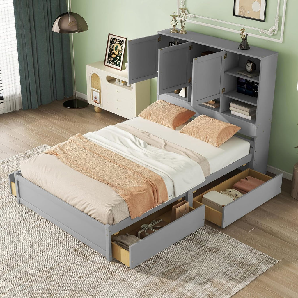Gray Queen Size Wooden Platform Bedframe with Storage Headboard and 4 Drawers I3311