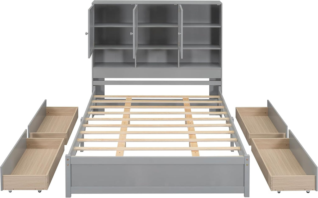 Gray Queen Size Wooden Platform Bedframe with Storage Headboard and 4 Drawers I3311