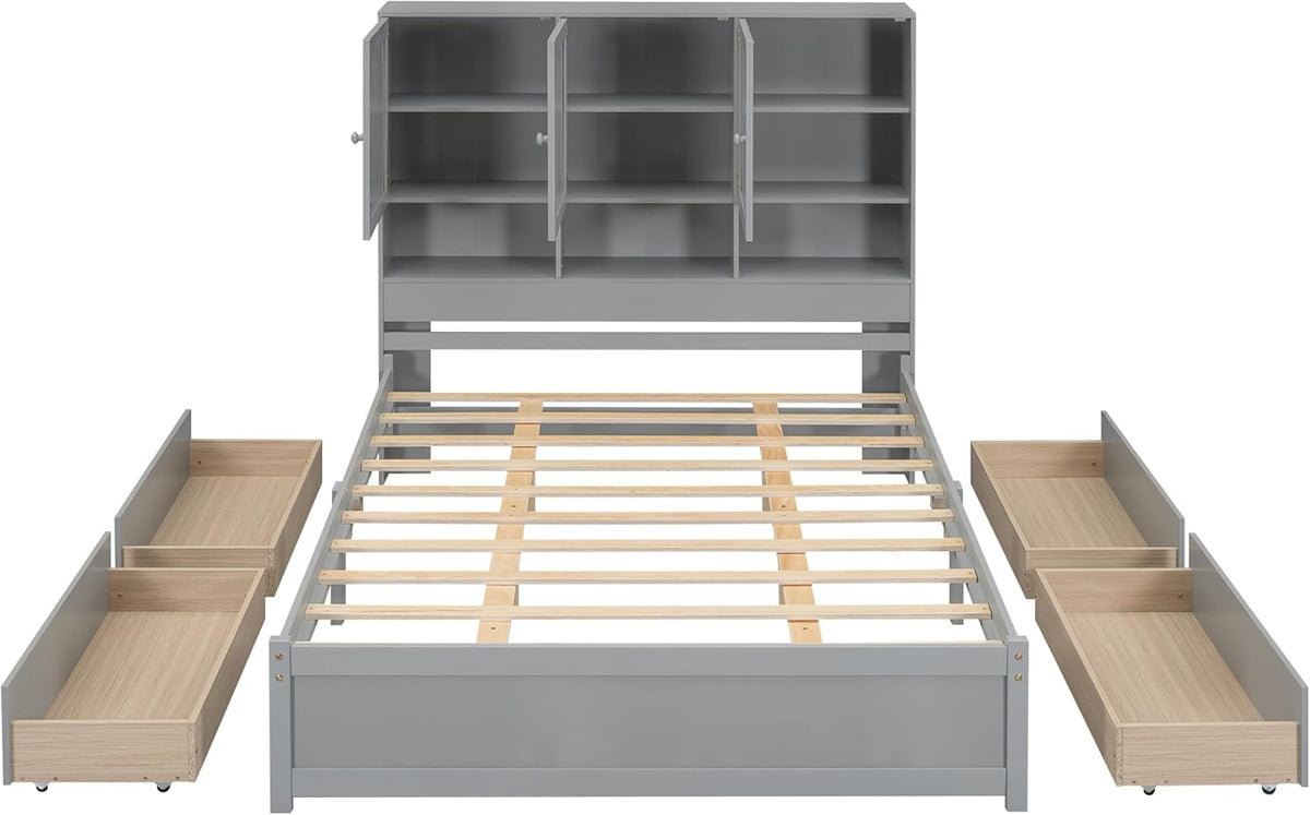 Gray Queen Size Wooden Platform Bedframe with Storage Headboard and 4 Drawers I3311