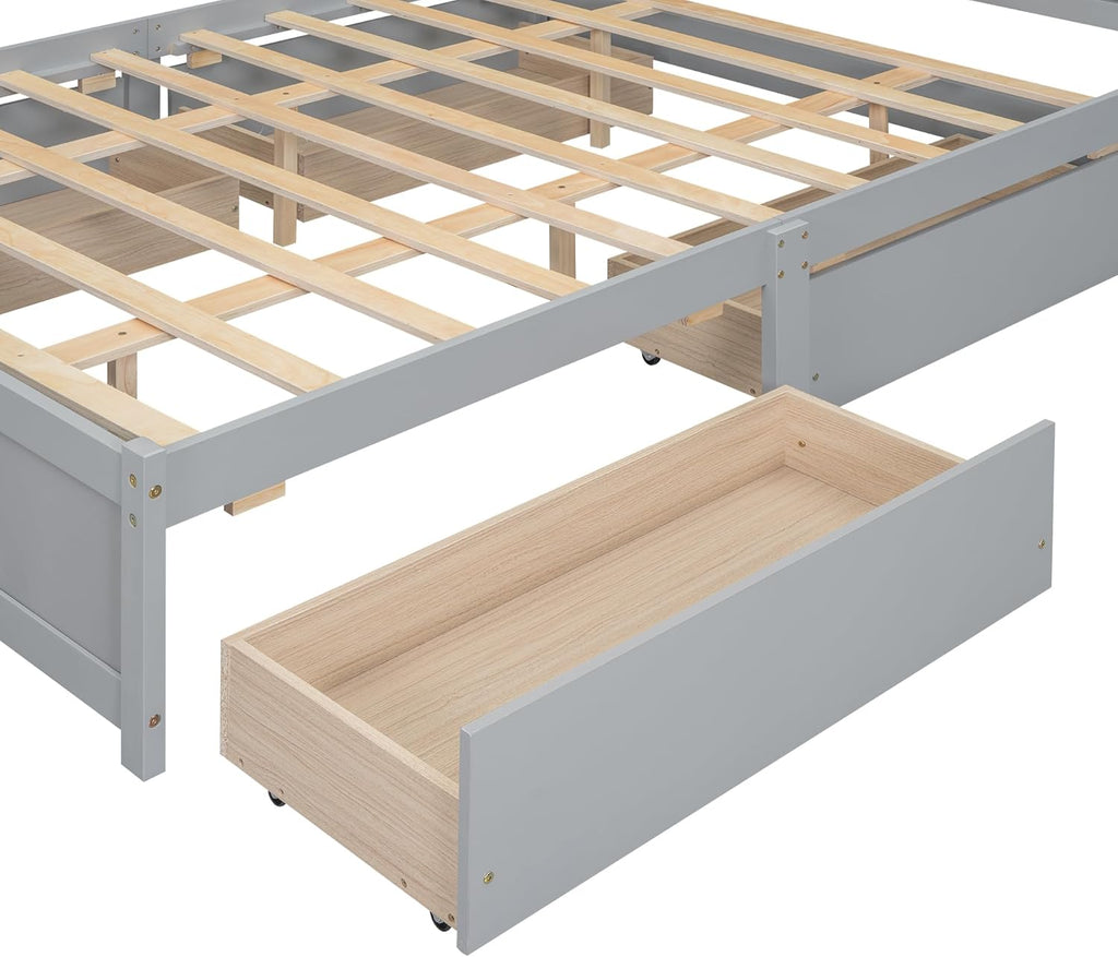 Gray Queen Size Wooden Platform Bedframe with Storage Headboard and 4 Drawers I3311