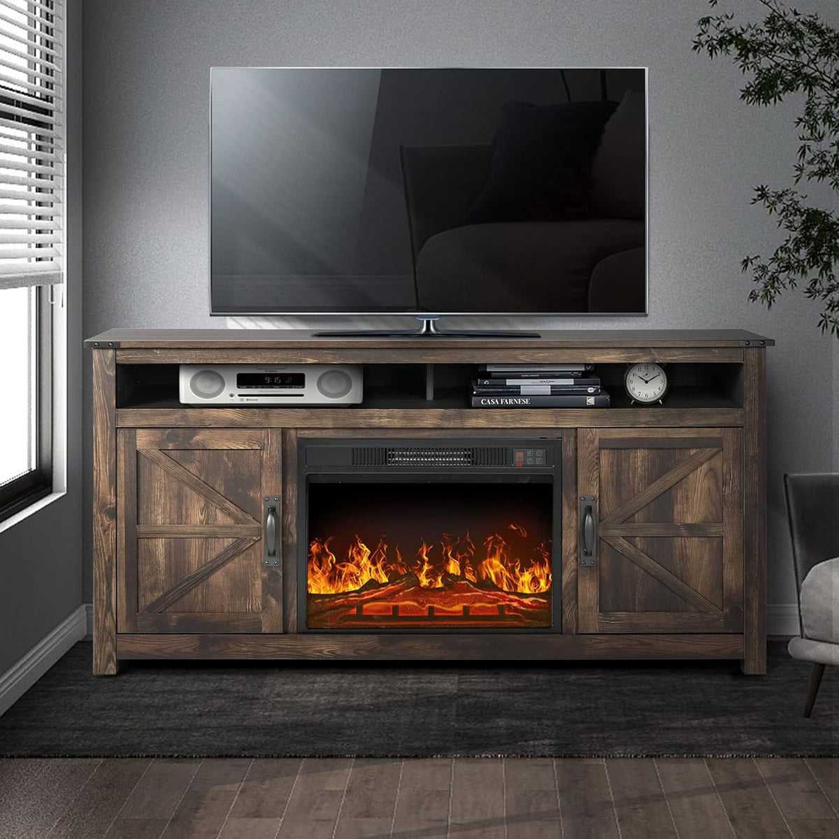 Farmhouse Barn Door TV Stand with 2 Storage Cabinets and Open Shelves C833