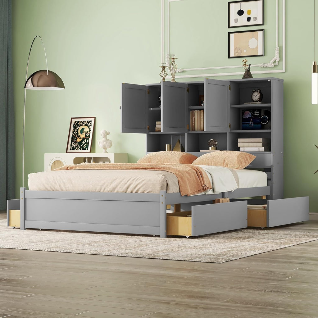 Gray Queen Size Wooden Platform Bedframe with Storage Headboard and 4 Drawers I3311