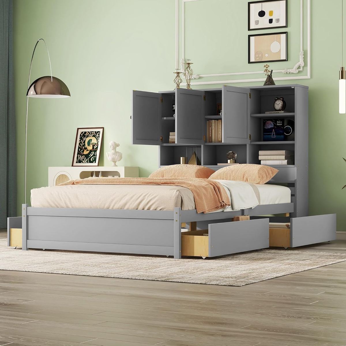 Gray Queen Size Wooden Platform Bedframe with Storage Headboard and 4 Drawers I3311