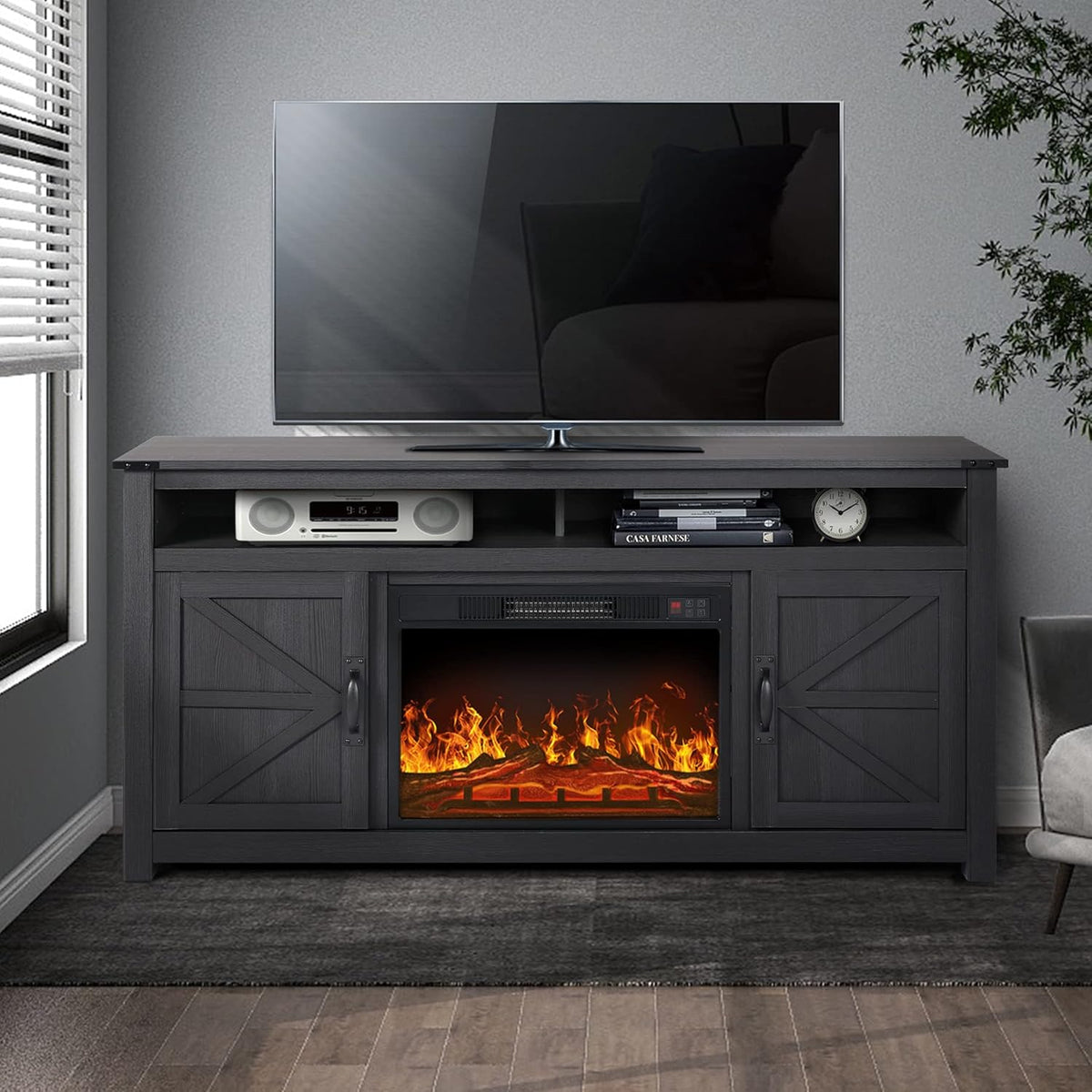 Farmhouse Barn Door TV Stand with 2 Storage Cabinets and Open Shelves C833