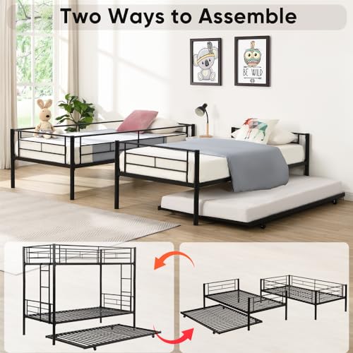Black Twin Over Twin Metal Bunk Bed with Trundle T997