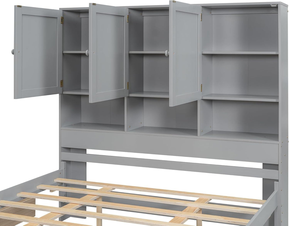 Gray Queen Size Wooden Platform Bedframe with Storage Headboard and 4 Drawers I3311