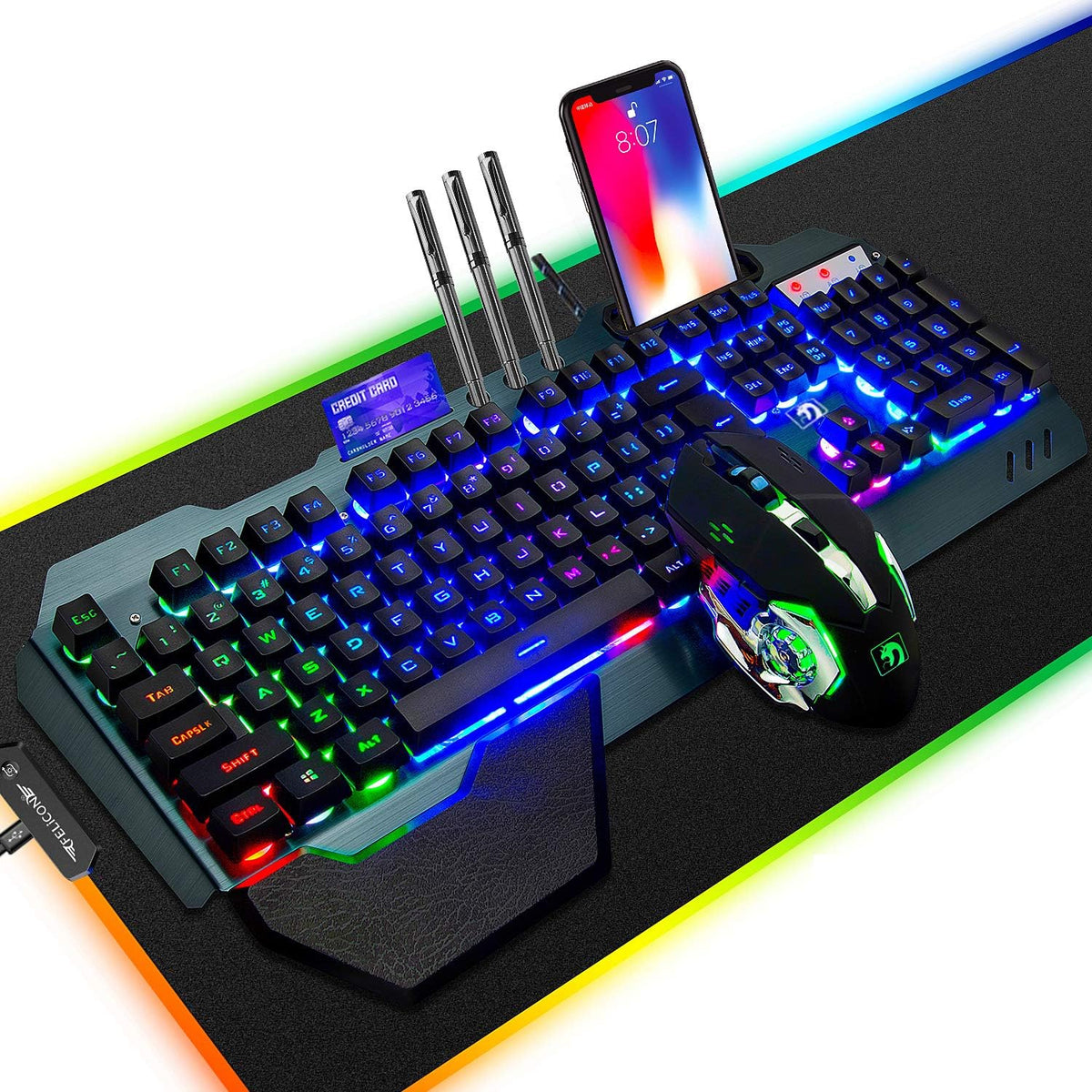 Wired Game Keyboard and Mouse Combo with RGB LED Backlit Mechanical Feel Keyboard and 6 Button 3200 DPI Mice and Large RGB Mouse Pad W329487