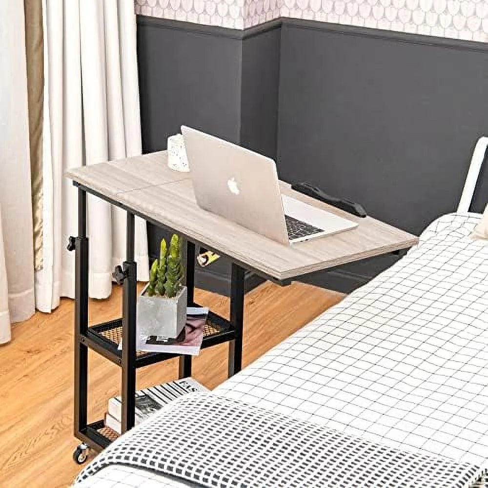 Height Adjustable C Shaped End Table with Wheels and Shelves P5454