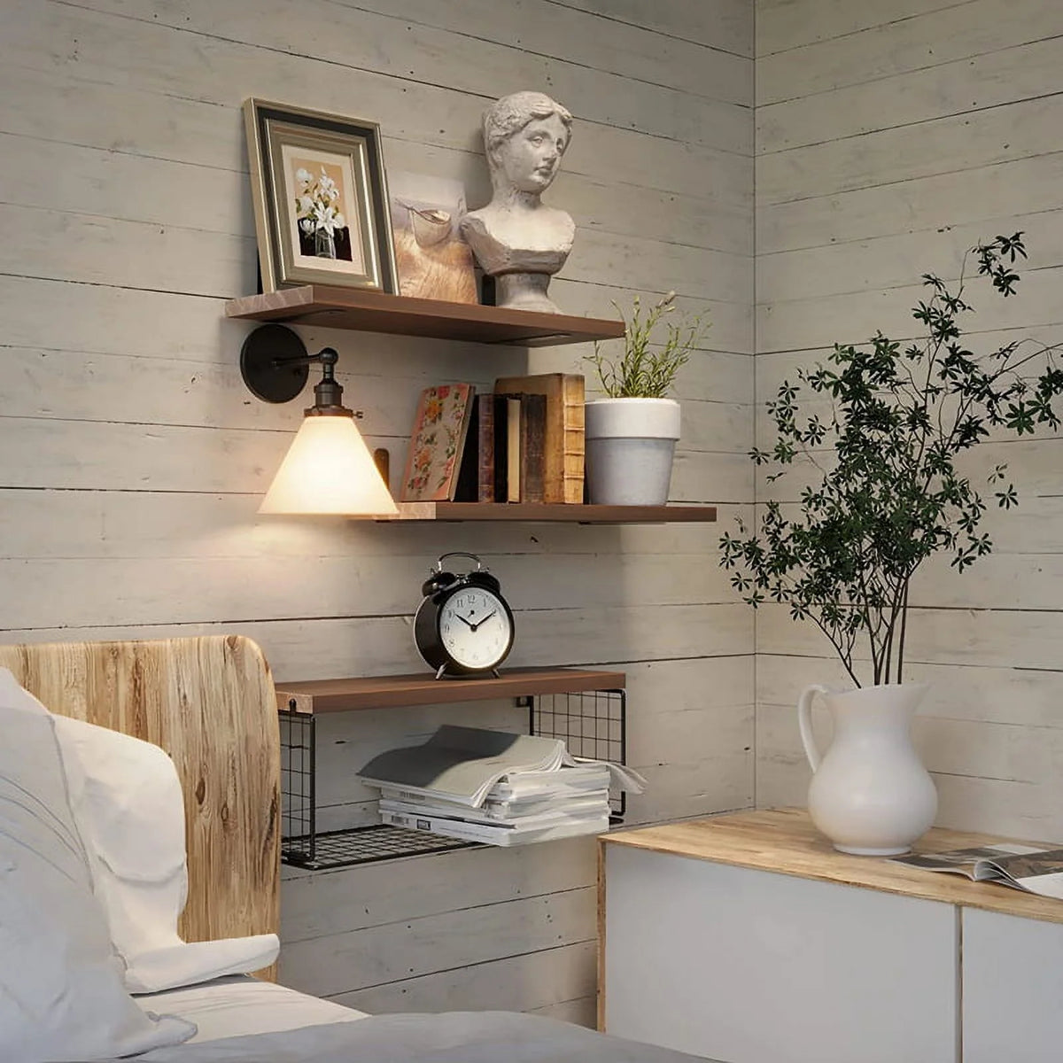 Floating Shelves Wall Mounted Rustic Wood Bathroom Shelves with Paper Storage Basket D32136