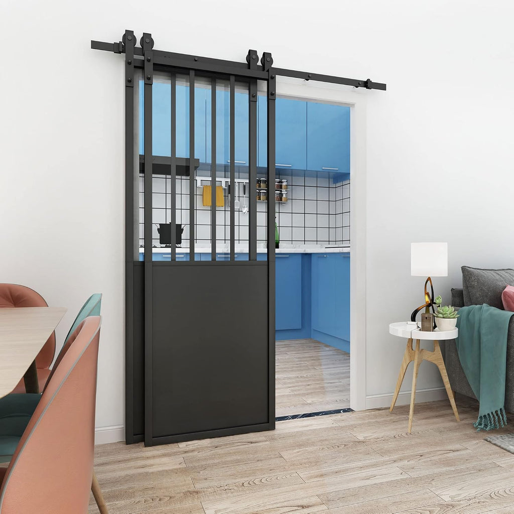 Double Barn Door 60 x 84 in with 6.6FT Hardware Kit, 2 Sets of 30x84 in Clear Tempered Glass Aluminum Frame Barn Door, Black Side-Mounted Hardware Q86547