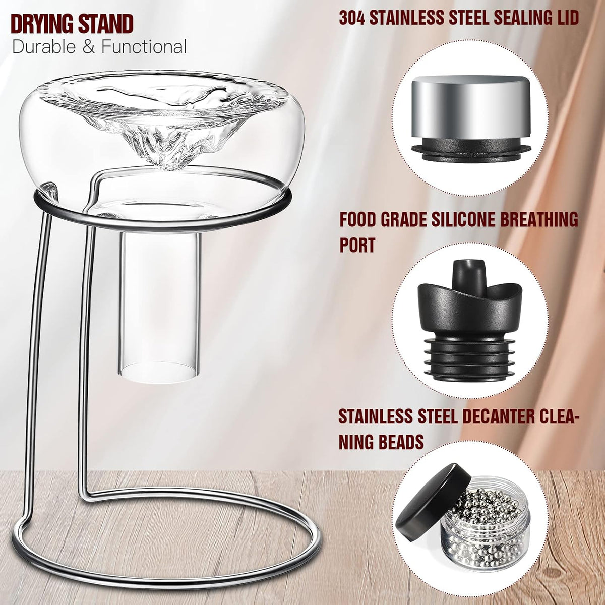 Wine Decanter Carafe with Aerator, Stand, and Cleaning Beads, Lead-free Crystal Glass, 1200ML, Pack of 2 W71260