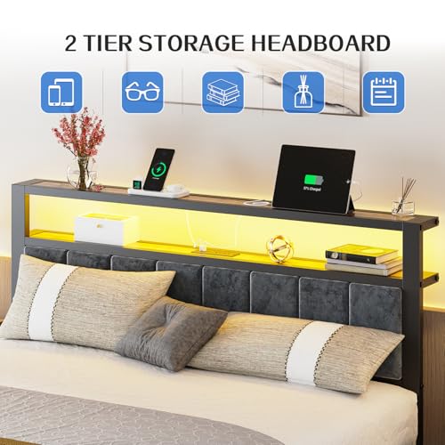 Queen Size Platform Bed Frame with Storage Headboard and Charging Station Y23388