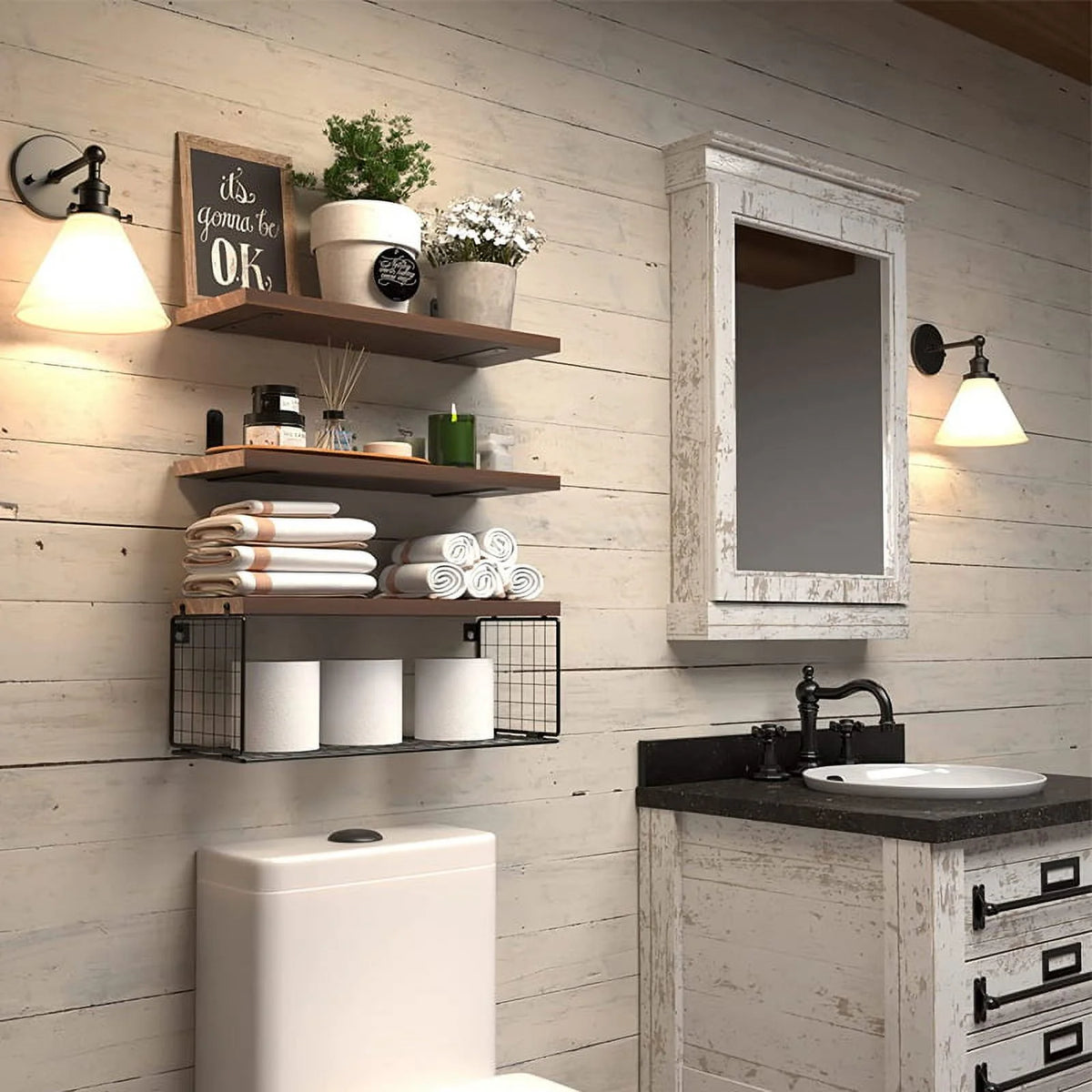 Floating Shelves Wall Mounted Rustic Wood Bathroom Shelves with Paper Storage Basket D32136