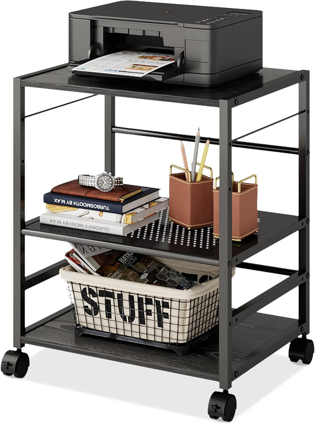 Black Mobile 3-Shelf Printer Stand with Adjustable Shelves Z5271