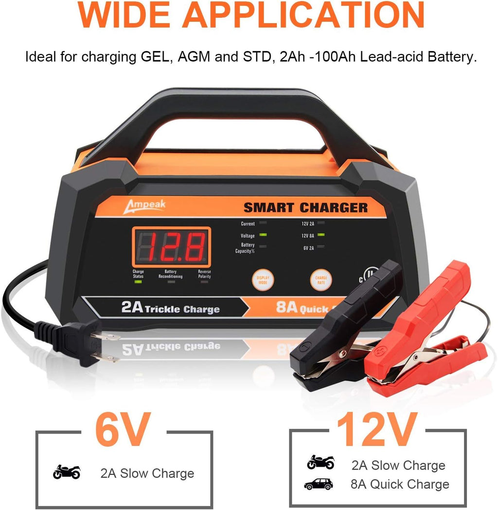 6V 12V Smart Car Battery Charger and Maintainer 2A 8A with Cable Clamps L44341