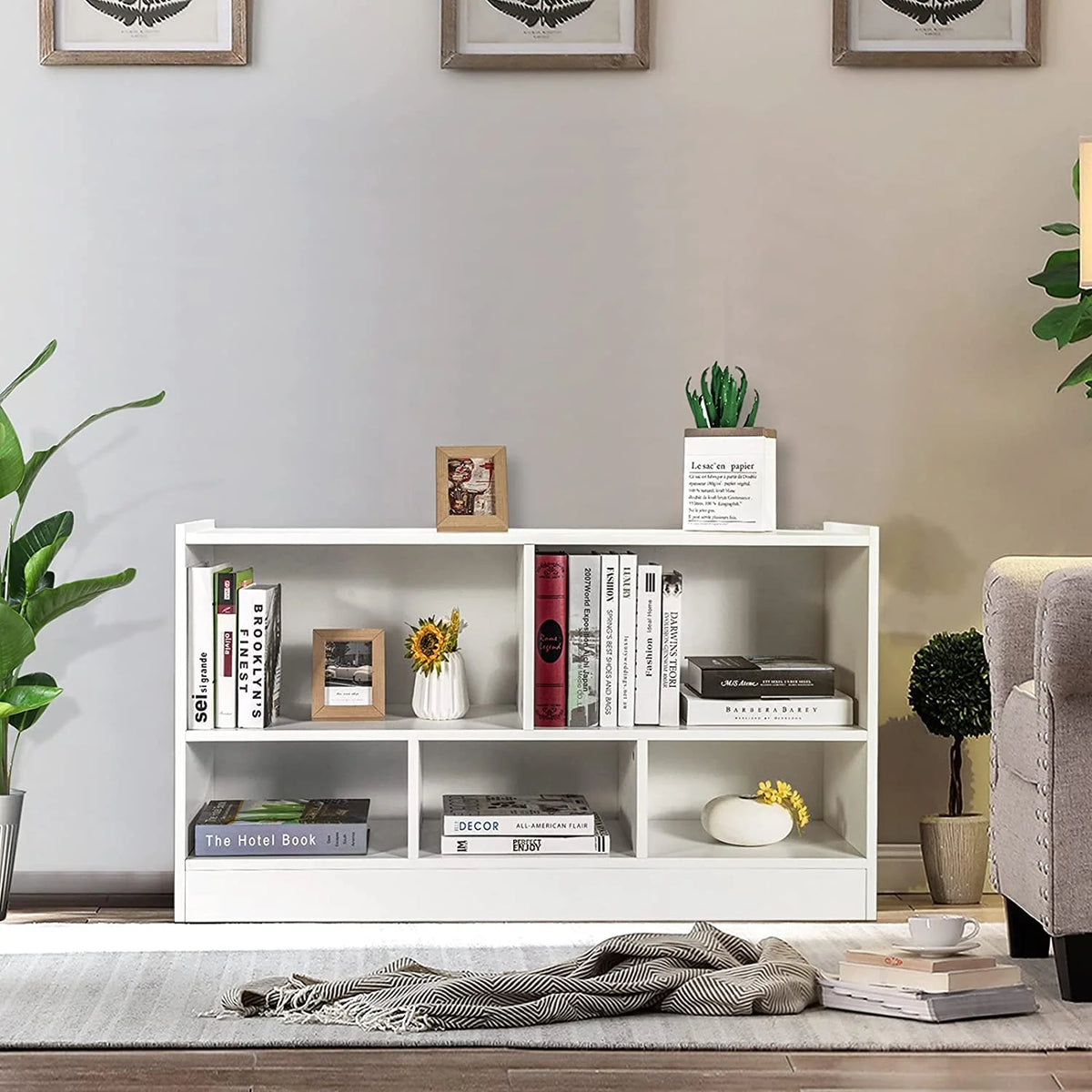 5 Cube White Wood Bookcase with Open Shelves Y752180