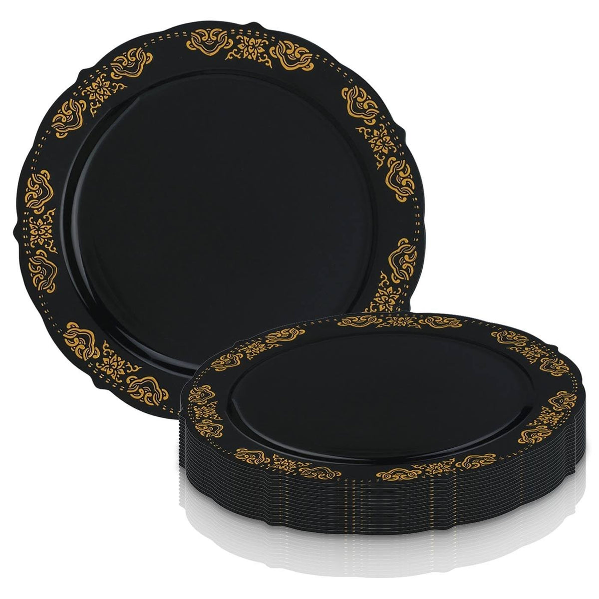 Black with Gold Rim 120pcs Disposable Plastic Salad Plates C57895