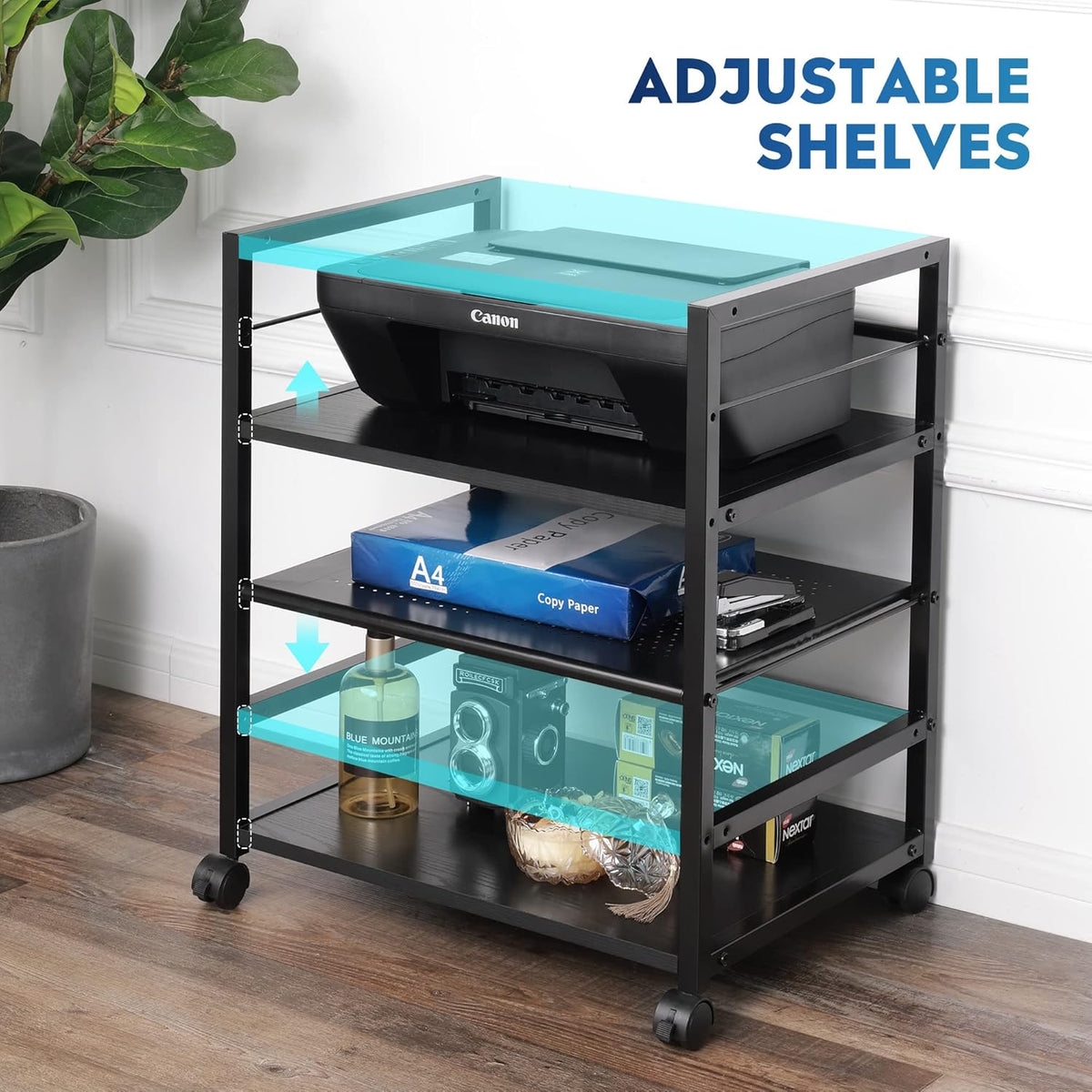 Black Mobile 3-Shelf Printer Stand with Adjustable Shelves Z5271
