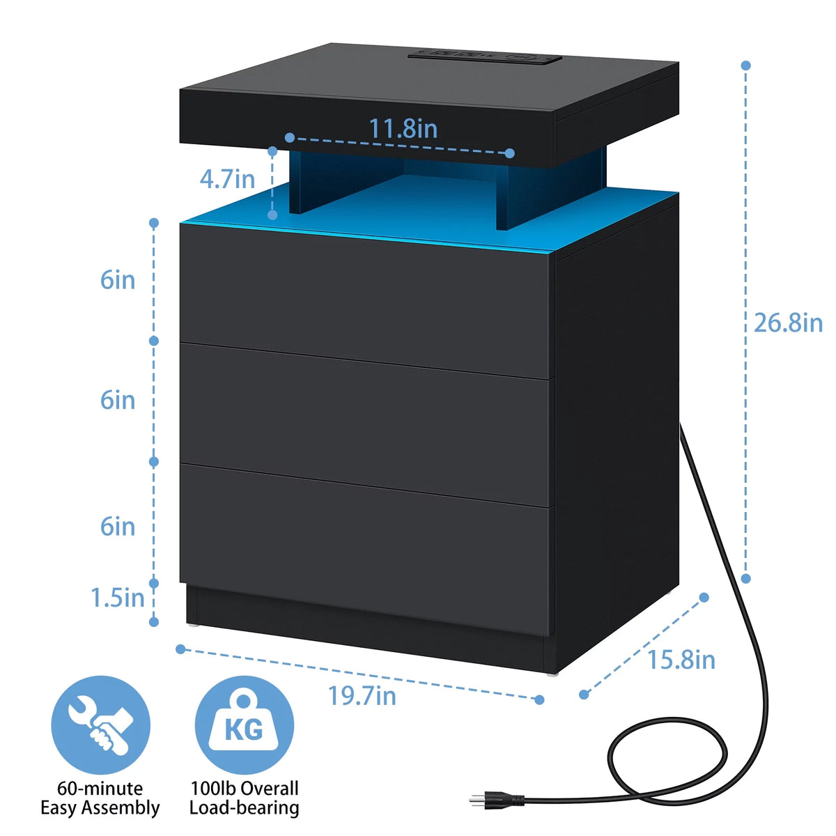 Black 2 Drawer LED Nightstand with Charging Station P171