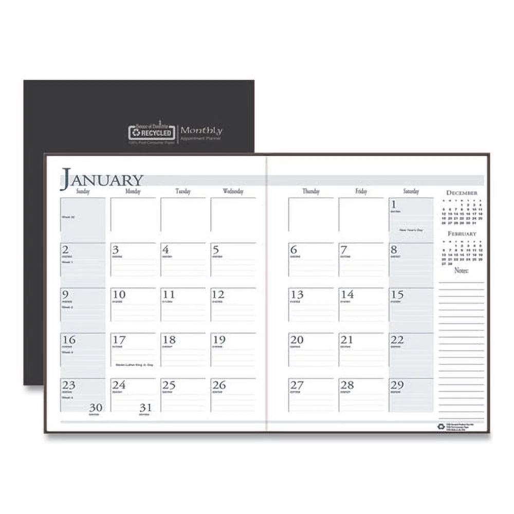 Recycled Ruled 14-Month Planner with Leatherette Cover, Black T806298
