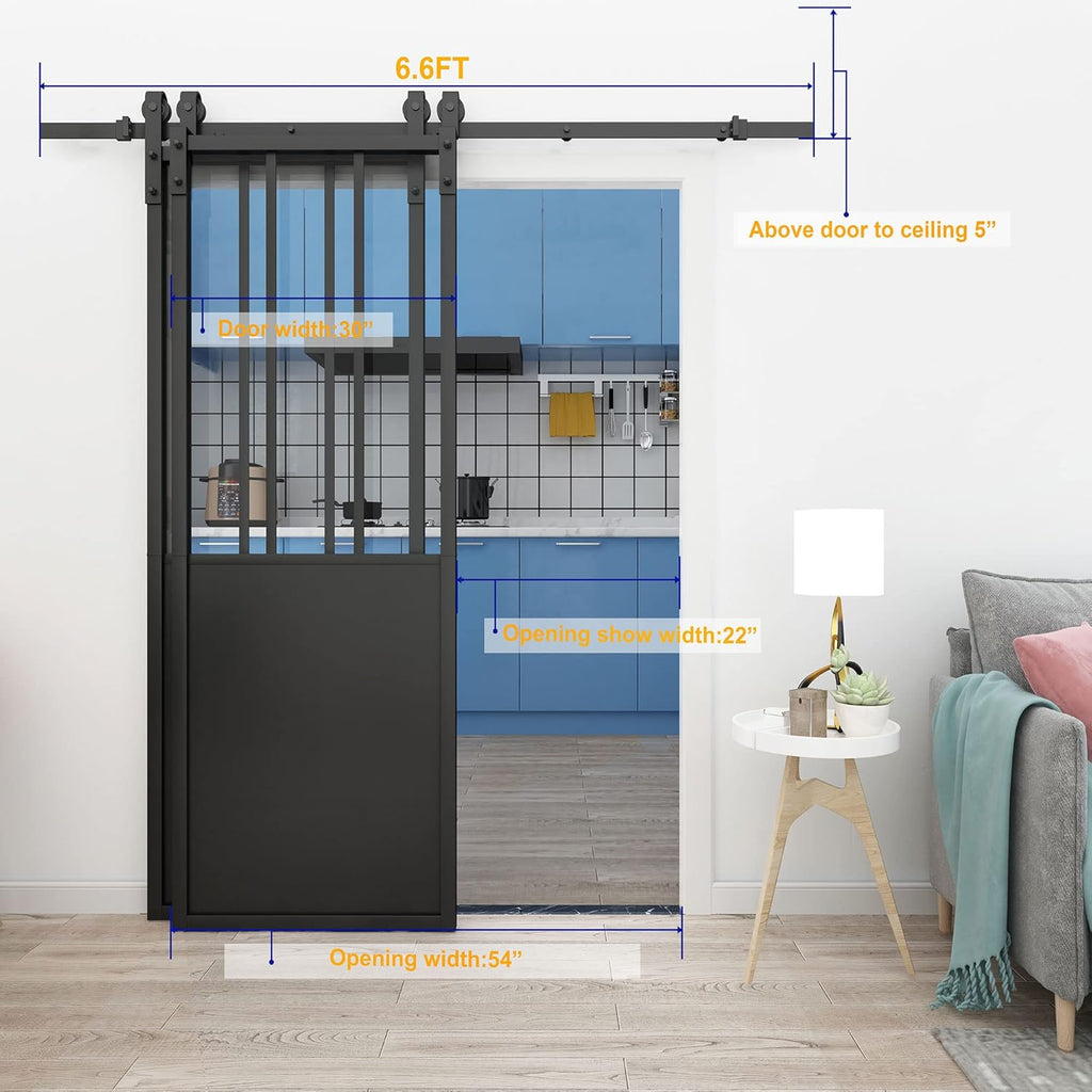Double Barn Door 60 x 84 in with 6.6FT Hardware Kit, 2 Sets of 30x84 in Clear Tempered Glass Aluminum Frame Barn Door, Black Side-Mounted Hardware Q86547
