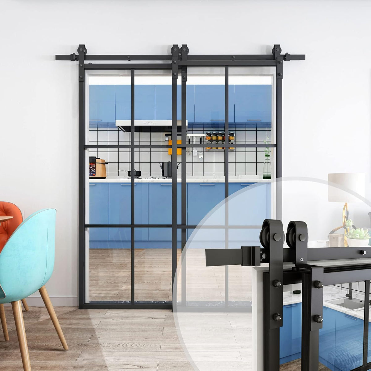 Double Barn Door 60 x 84 in with 6.6FT Hardware Kit, 2 Sets of 30x84 in Clear Tempered Glass Aluminum Frame Barn Door, Black Side-Mounted Hardware Q86547