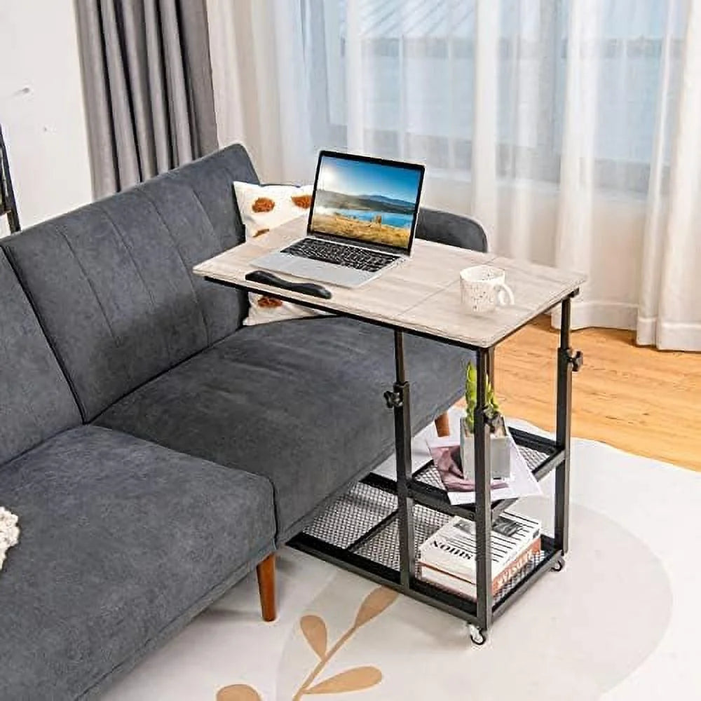 Height Adjustable C Shaped End Table with Wheels and Shelves P5454