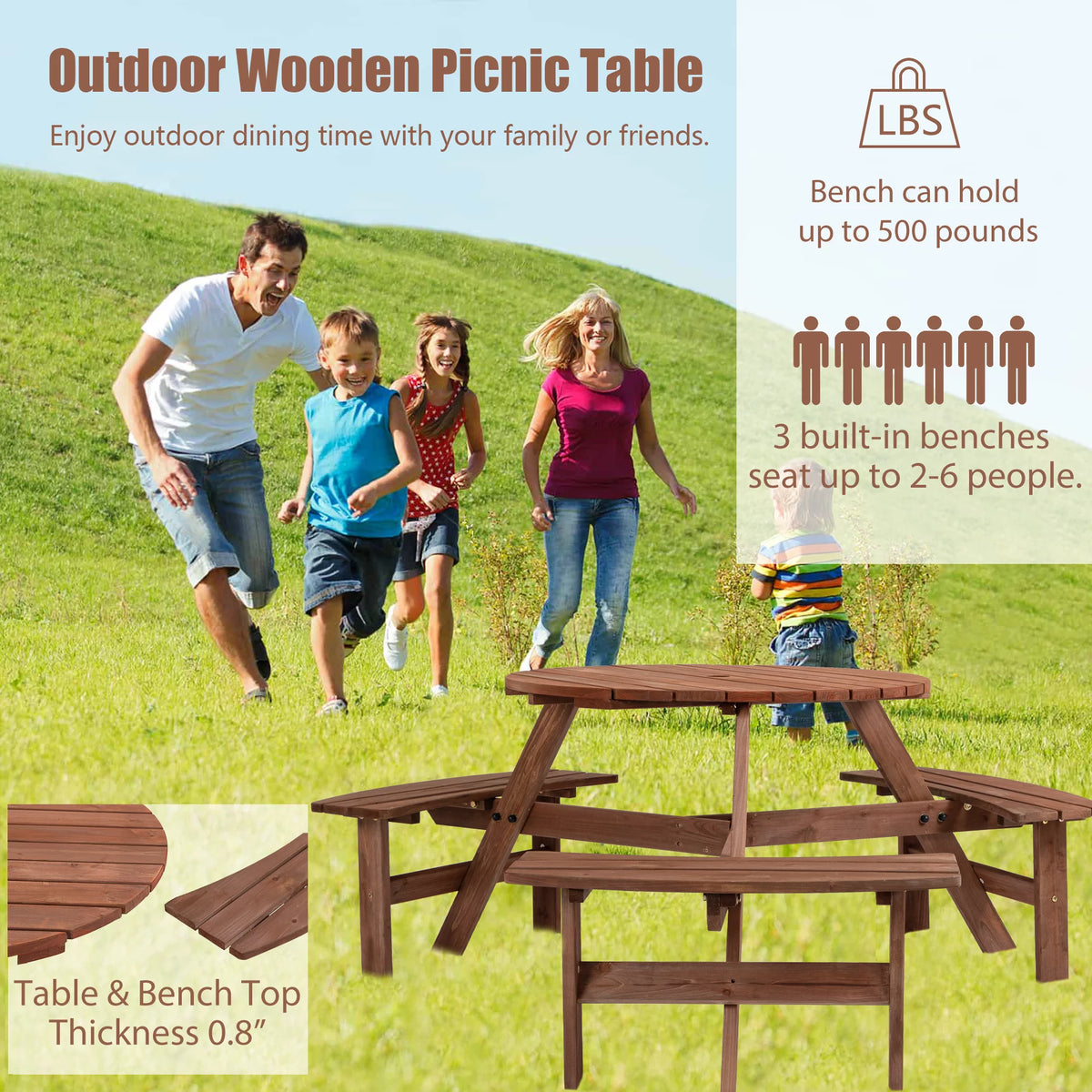6-Person Circular Wooden Picnic Table with 3 Built-in Benches R893