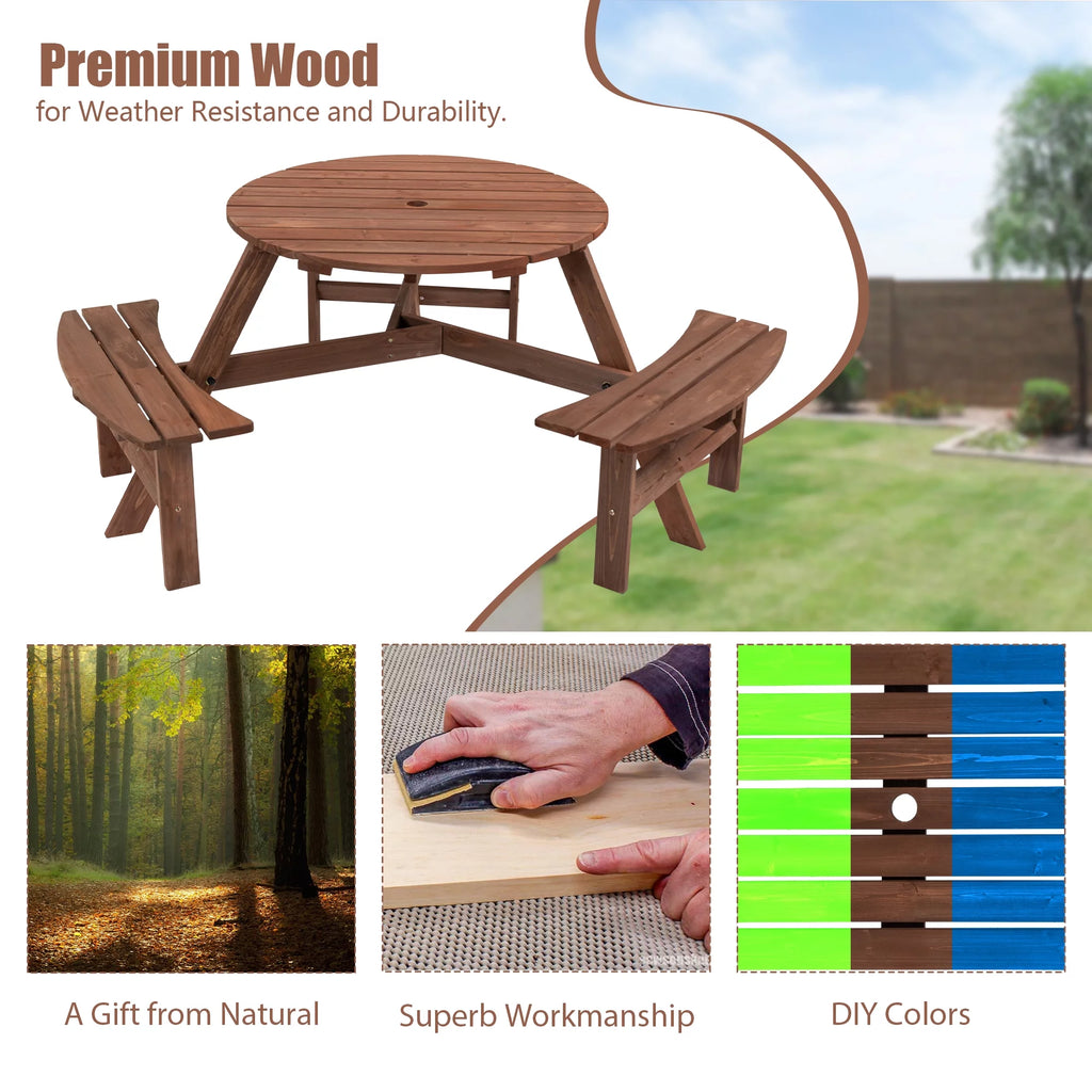 6-Person Circular Wooden Picnic Table with 3 Built-in Benches R893