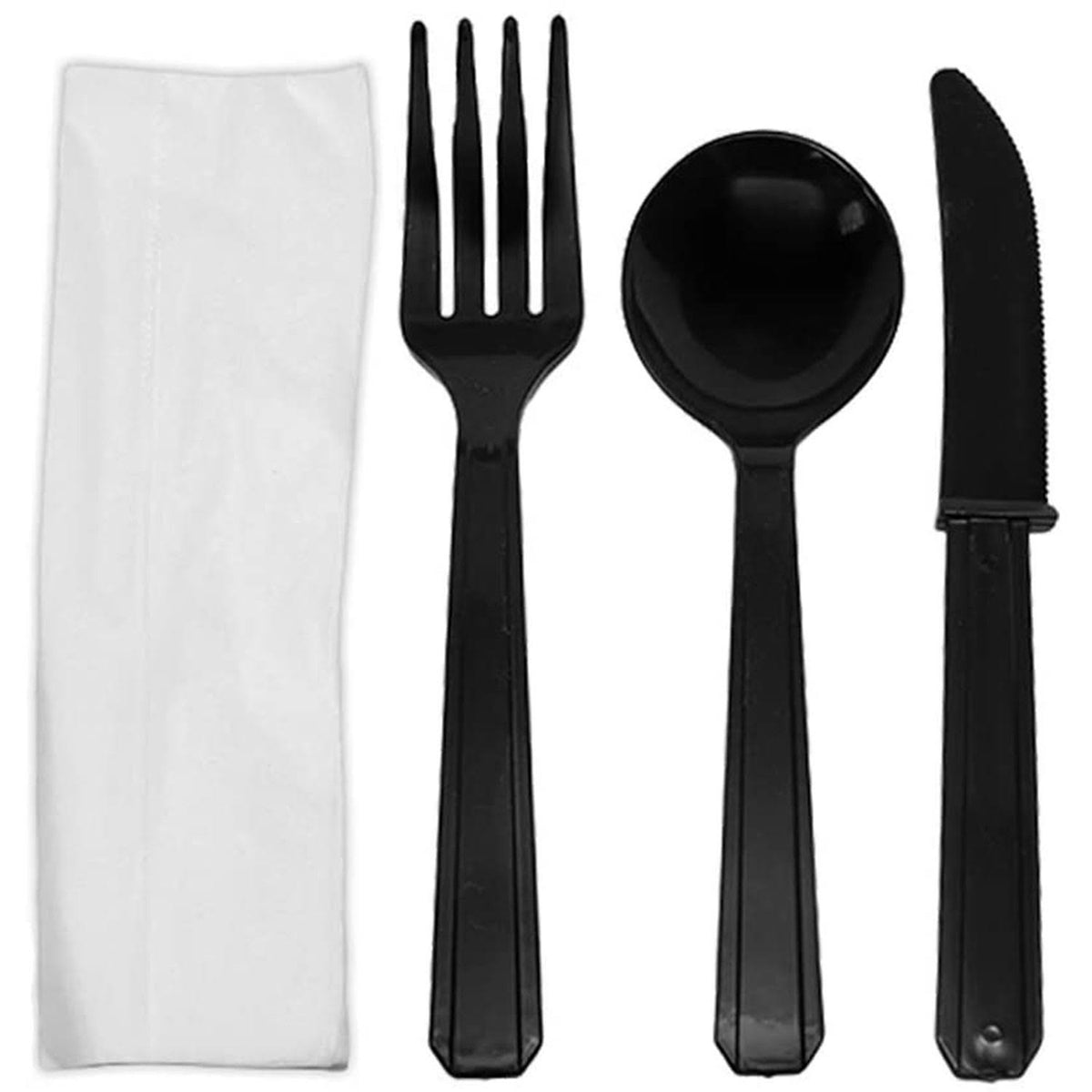 Black Plastic Cutlery Kit with Knife Spoon Fork and Napkin 750 Pack V96376
