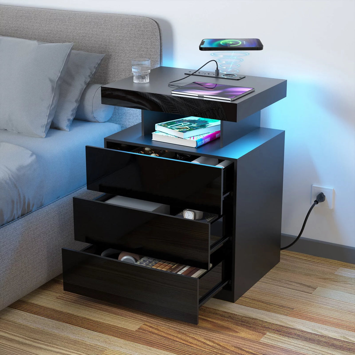 Black 2 Drawer LED Nightstand with Charging Station P171