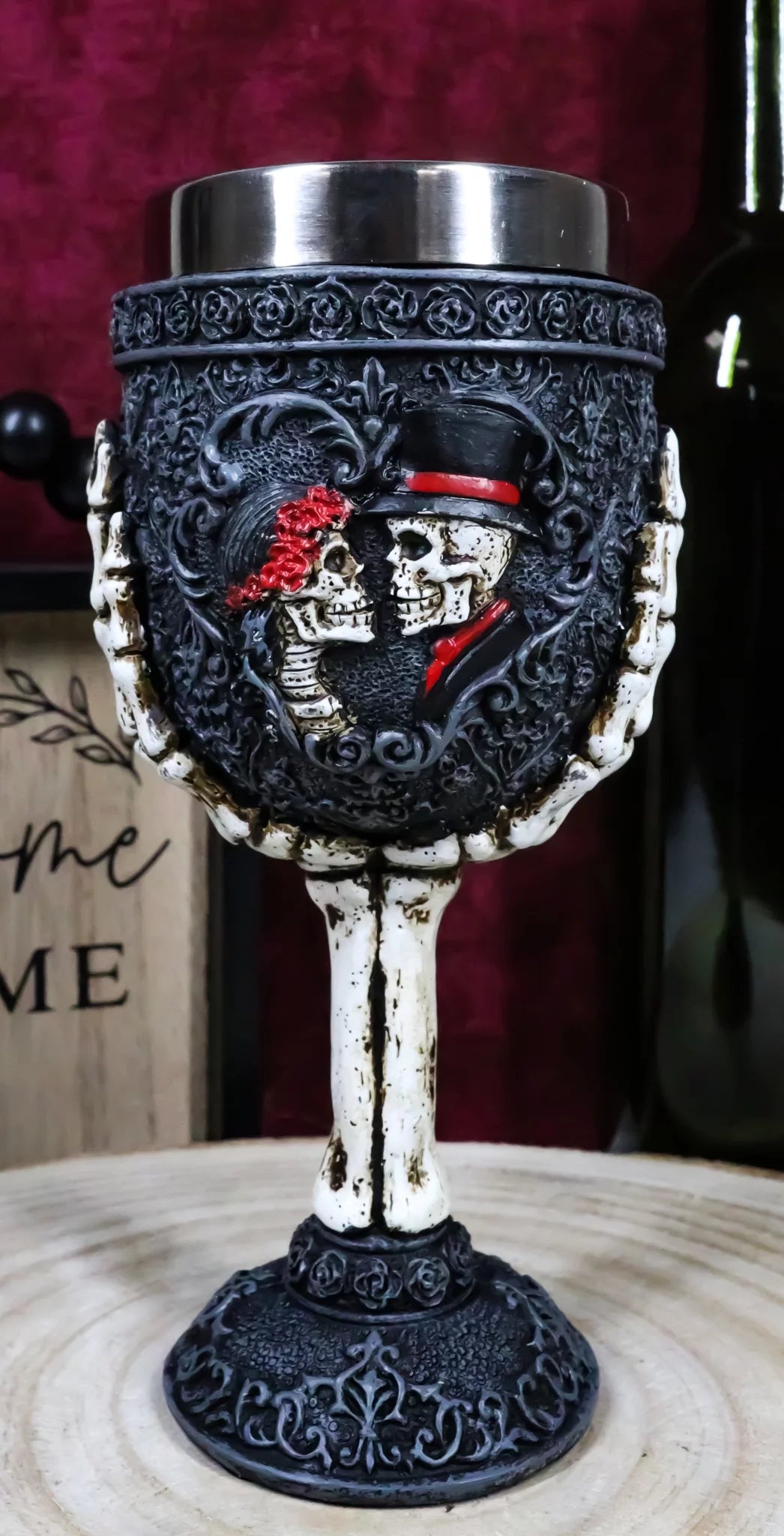 Gothic Day Of The Dead Skeleton Skull Bride And Groom Black Roses Wine Goblet I217