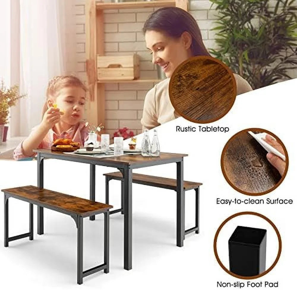 3-Piece Dining Table Set with 2 Benches X92435
