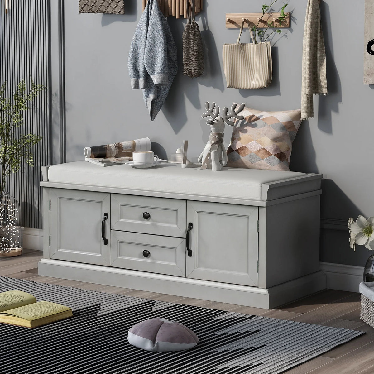 Wooden Storage Bench with 2 Drawers and 2 Cabinets M161