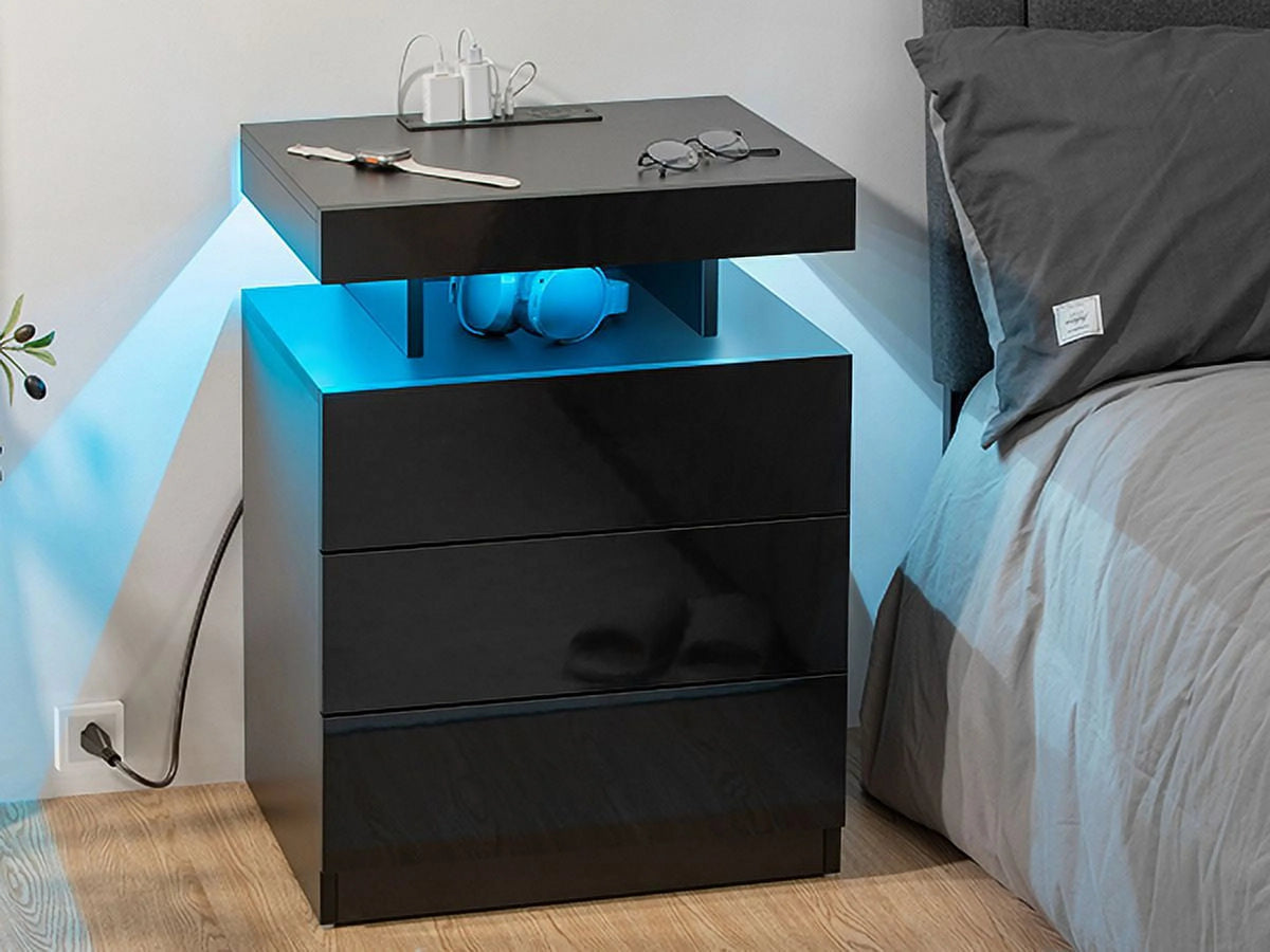Black 2 Drawer LED Nightstand with Charging Station P171
